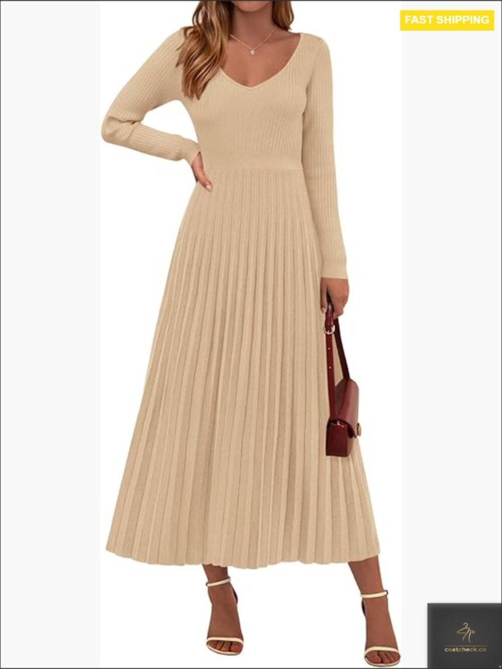 Ribbed Knit Sweater Dress V-Neck Pleated Maxi Elegant Winter Casual